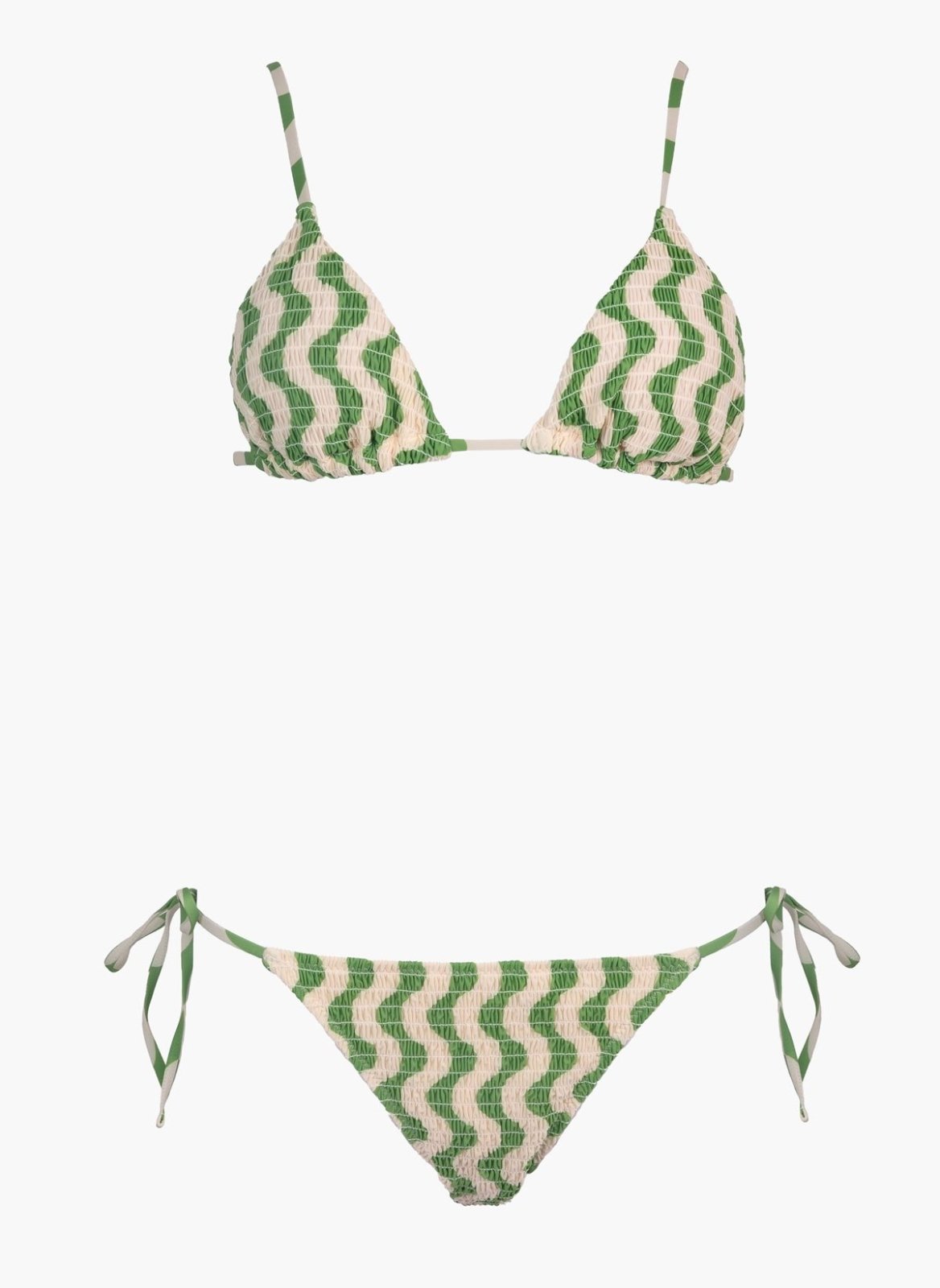 Green and cream zigzag print triangle bikini top and matching side-tie bikini bottom, laid flat on white background