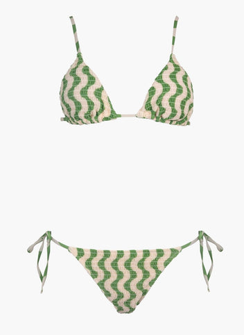 Green and cream zigzag print triangle bikini top and matching side-tie bikini bottom, laid flat on white background