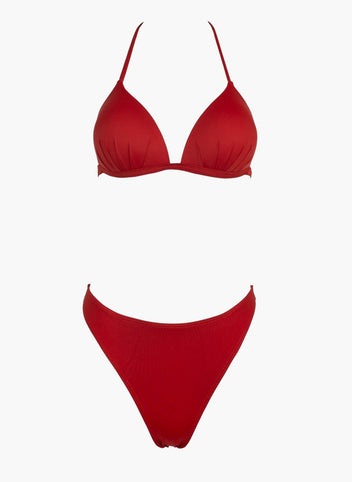 Red triangle bikini top with thin straps and red high-waist bikini bottom, laid flat on white background