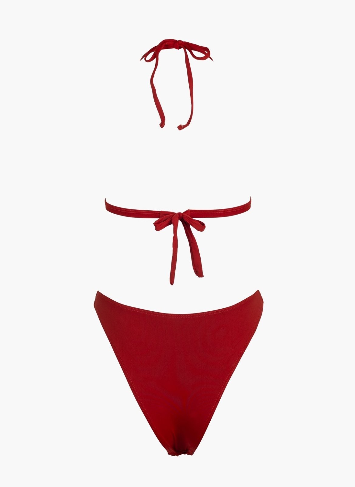 Burgundy red string bikini top with tie straps and burgundy high-waist bikini bottom, laid flat on white background