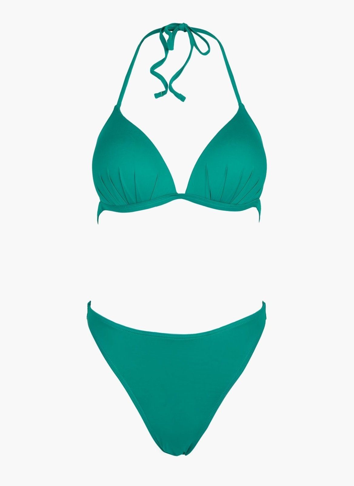 Teal triangle halter bikini top and teal high-waist bikini bottom, laid flat on white background