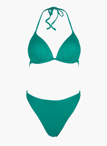 Teal triangle halter bikini top and teal high-waist bikini bottom, laid flat on white background