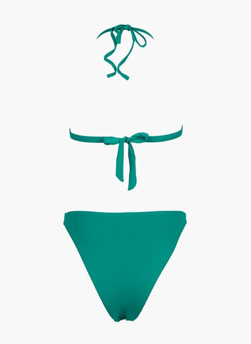 Teal string bikini top with tie back and teal high-waist bikini bottom, laid flat on white background
