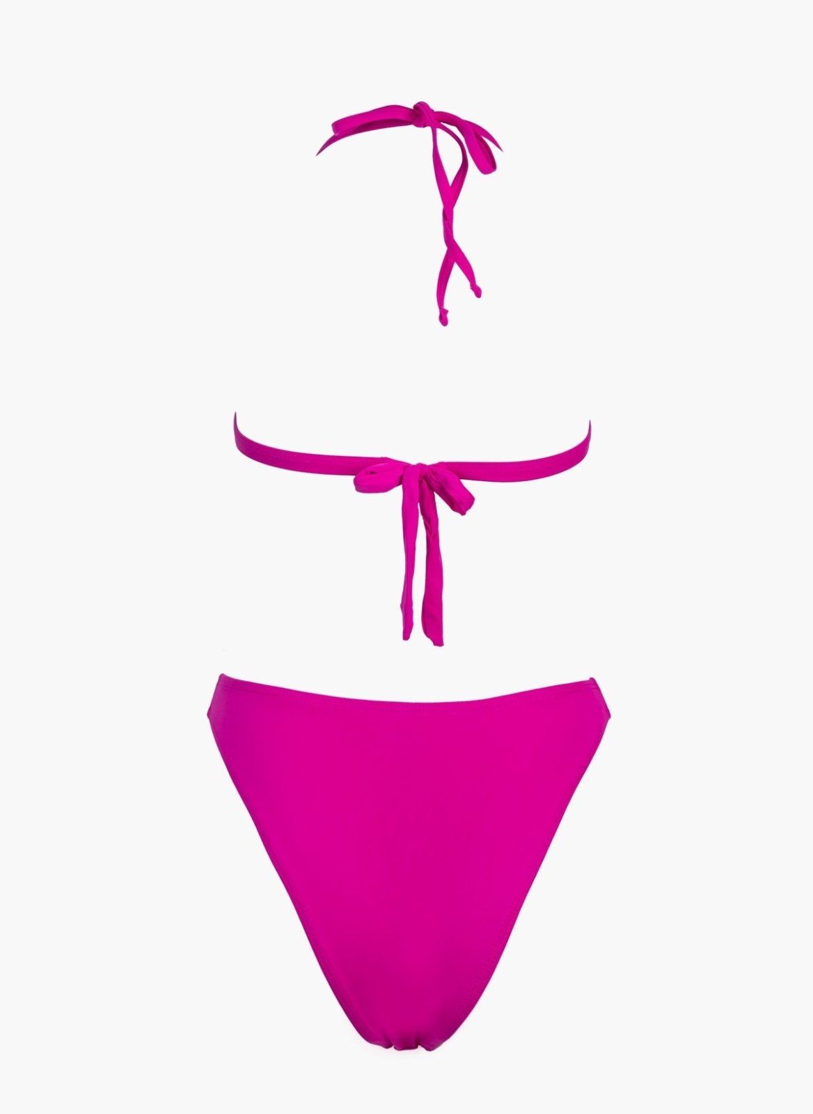 Fuchsia string bikini top with tie back and fuchsia high-waist bikini bottom, laid flat on white background