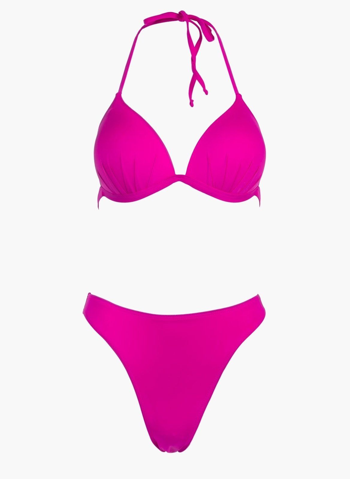 Fuchsia triangle halter bikini top and fuchsia high-waist bikini bottom, laid flat on white background
