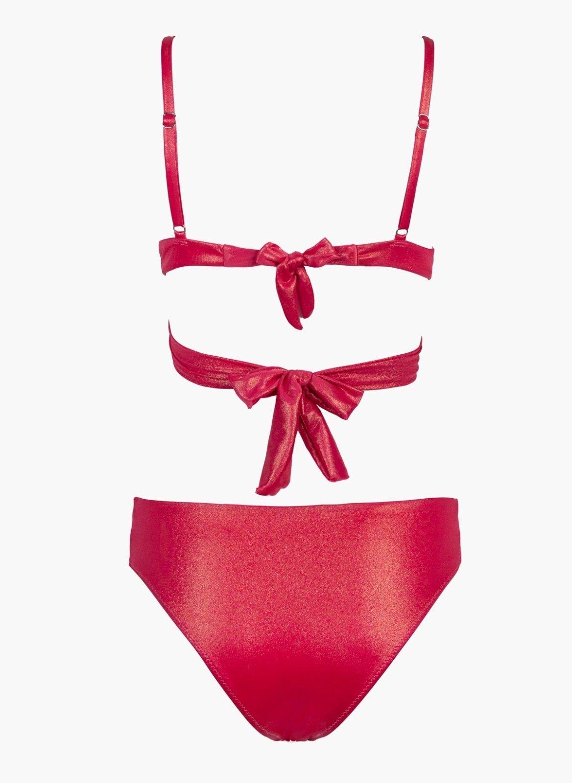 Red shimmer string bikini top with tie back and red shimmer high-waist bikini bottom, laid flat on white background
