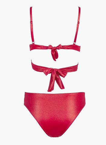 Red shimmer string bikini top with tie back and red shimmer high-waist bikini bottom, laid flat on white background