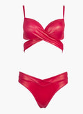 Red shimmer wrap bikini top with crossover front and red shimmer bikini bottom, laid flat on white background