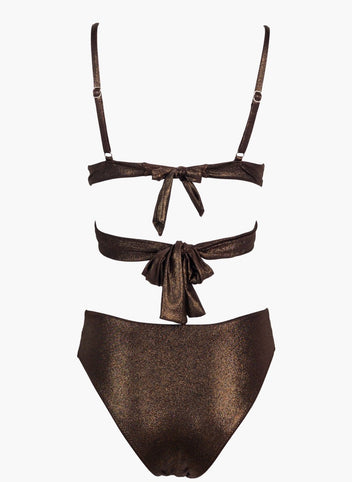 Bronze shimmer underwire bikini top with tie front and bronze high-waist bikini bottom, laid flat on white background