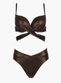 Bronze shimmer underwire bikini top with crossover front and bronze bikini bottom, laid flat on white background