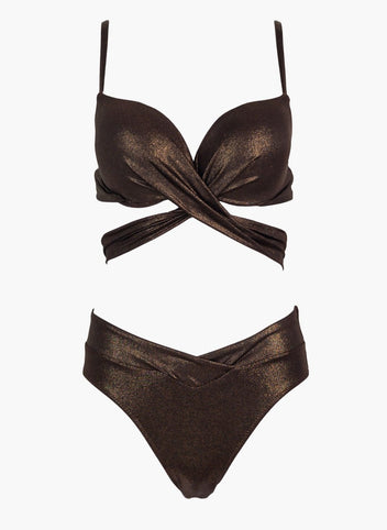 Bronze shimmer underwire bikini top with crossover front and bronze bikini bottom, laid flat on white background