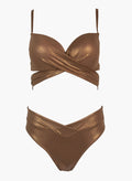 Bronze shimmer underwire bikini top with crossover front and bronze bikini bottom, laid flat on white background
