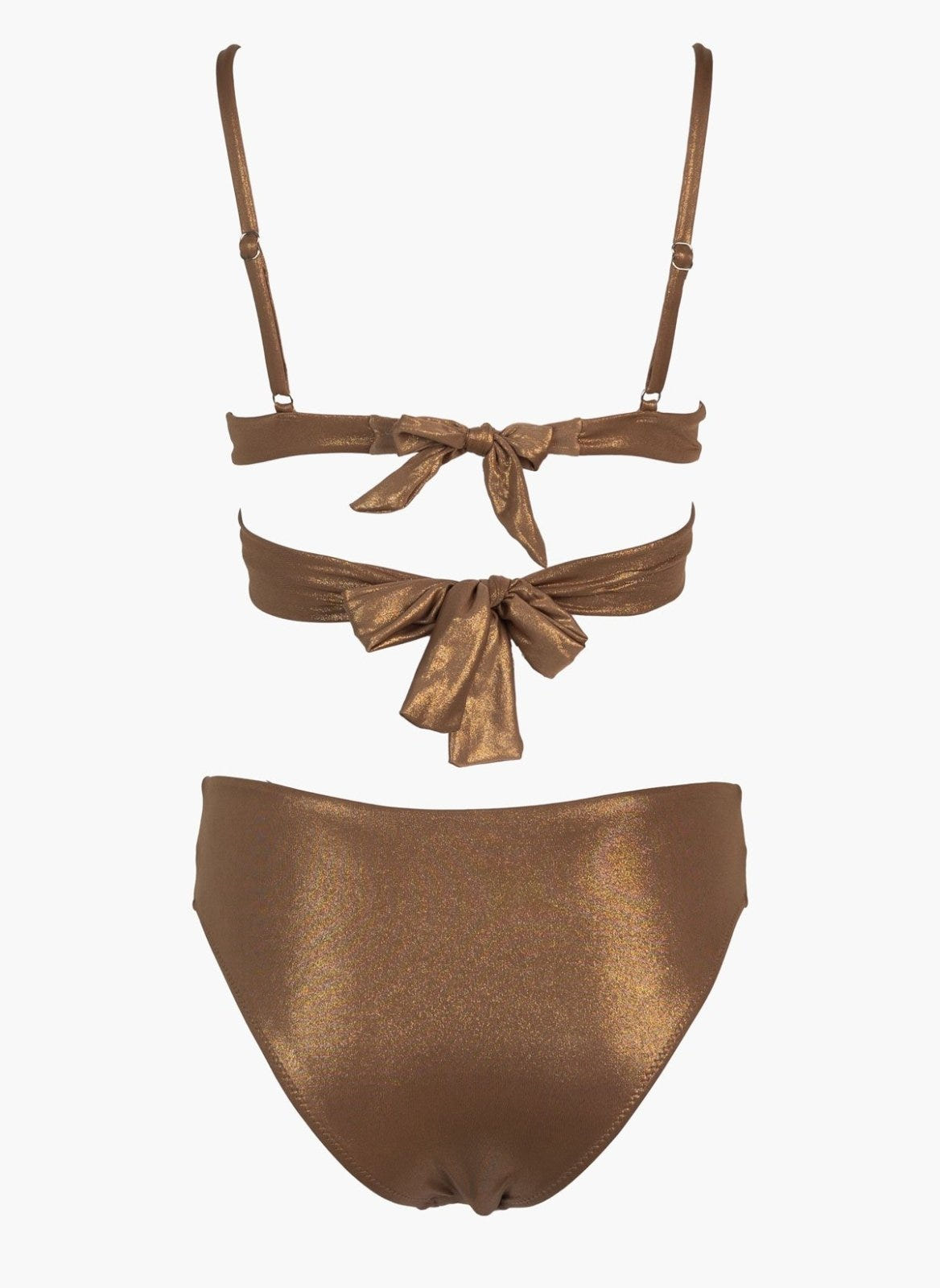 Bronze shimmer underwire bikini top with tie front and bronze high-waist bikini bottom, laid flat on white background