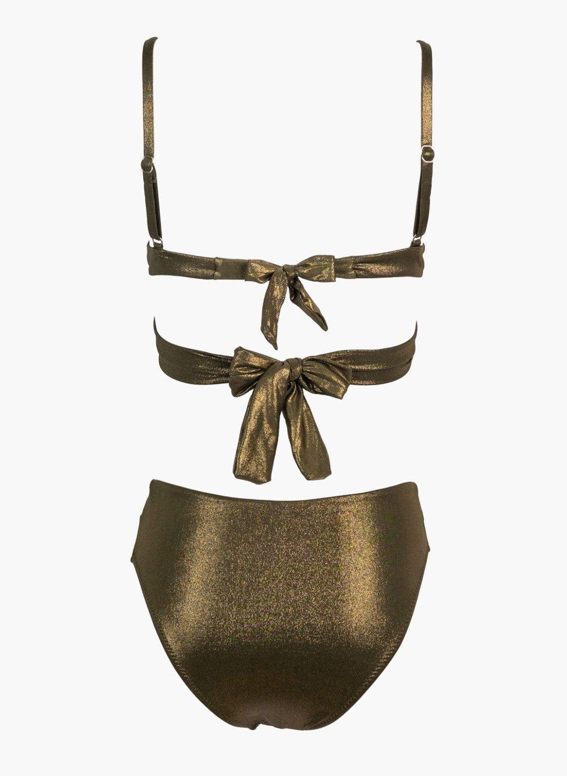 Gold shimmer underwire bikini top with tie front and gold high-waist bikini bottom, laid flat on white background