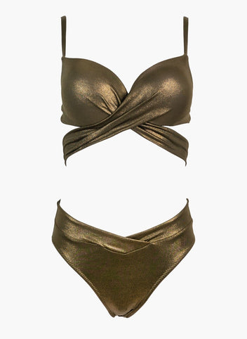 Olive gold shimmer underwire bikini top with crossover front and olive gold bikini bottom, laid flat on white background