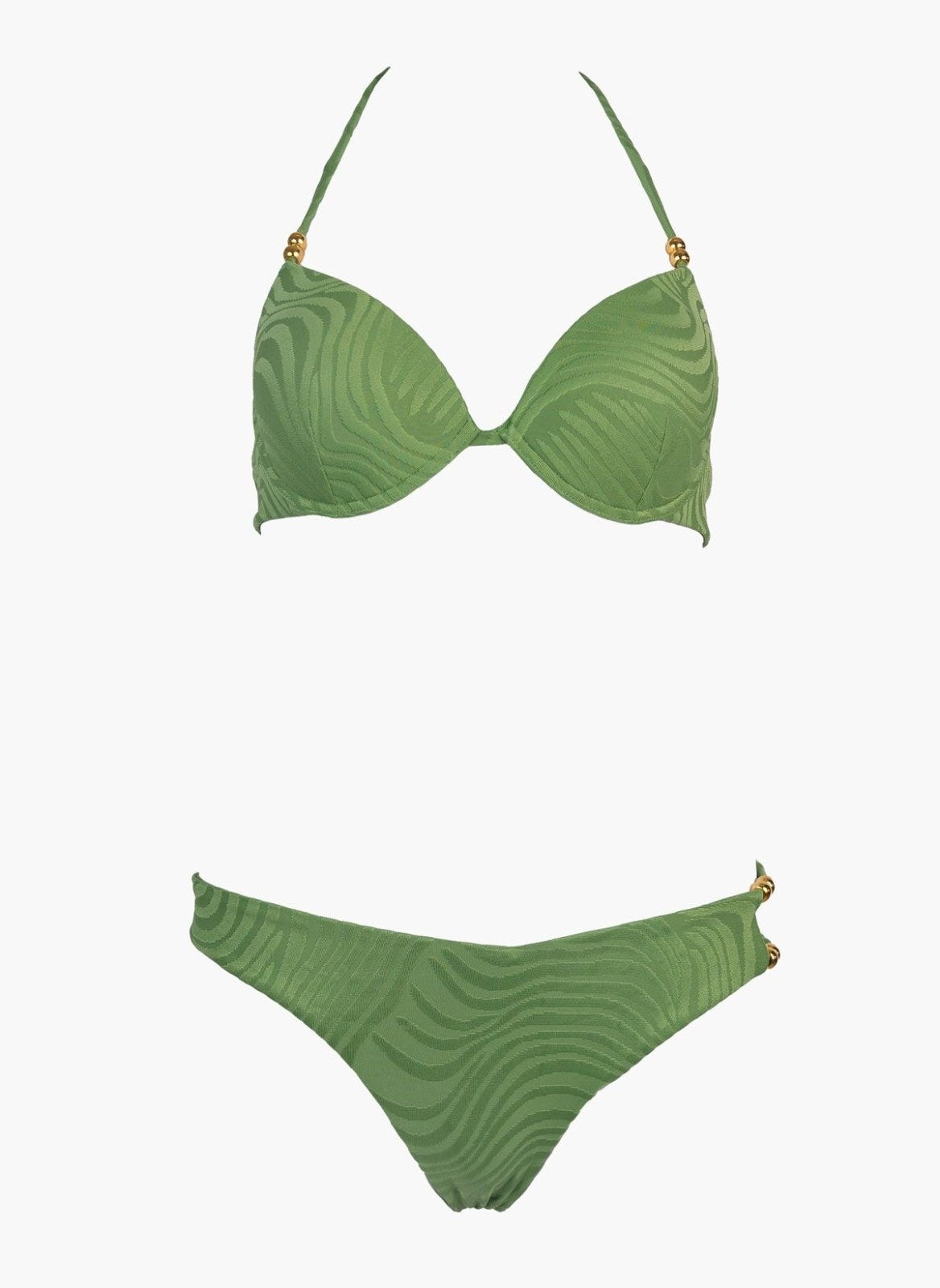 Green underwire bikini top with halter straps and green bikini bottom, laid flat on white background