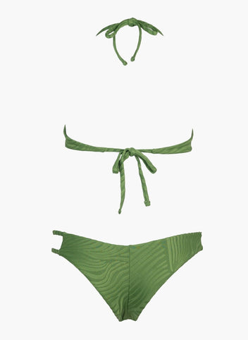 Green string bikini top with tie straps and green bikini bottom, laid flat on white background