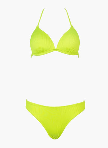 Lime yellow triangle bikini top with thin straps and lime yellow bikini bottom, laid flat on white background