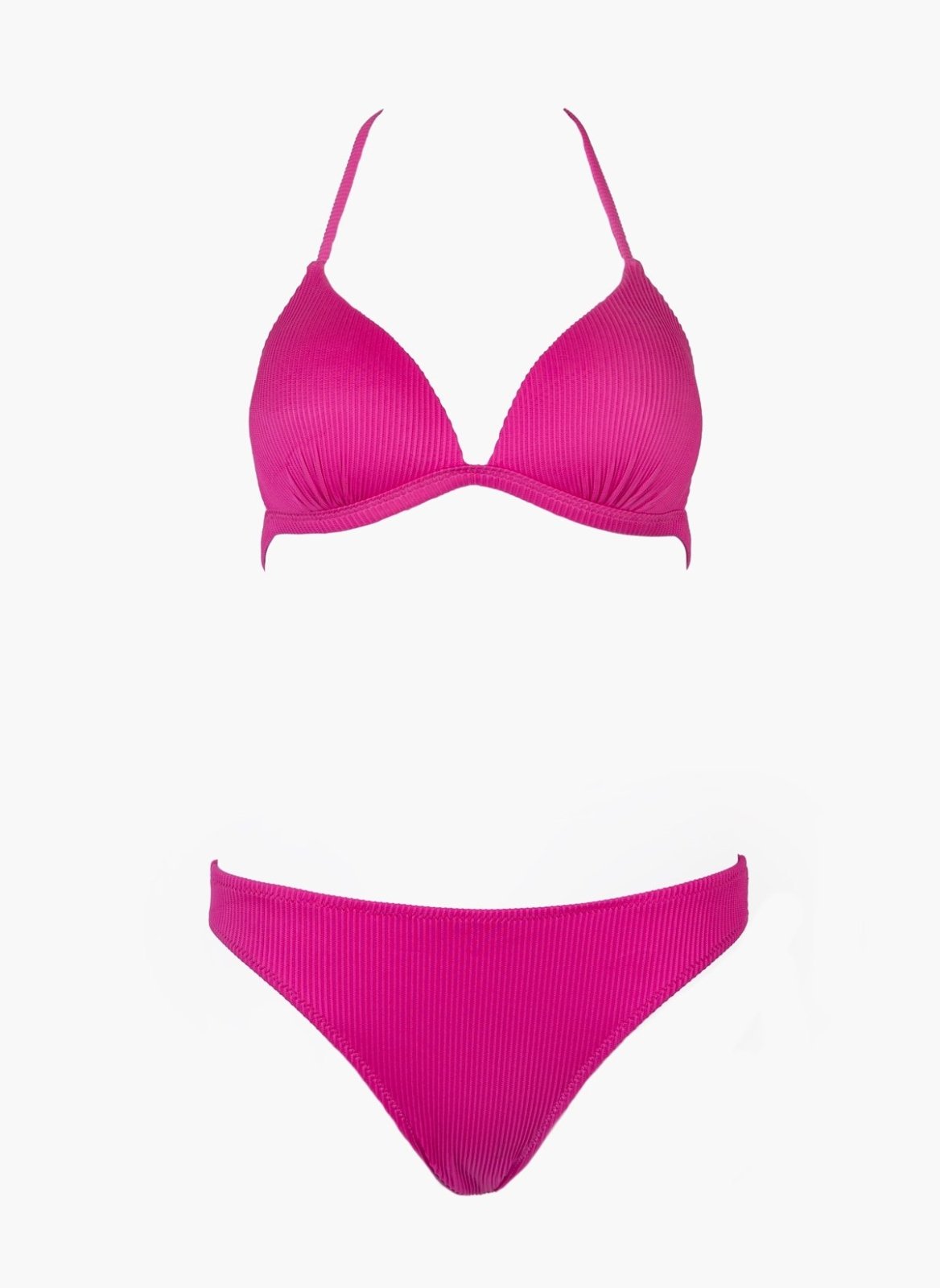 Fuchsia triangle bikini top with thin halter straps and fuchsia bikini bottom, laid flat on white background