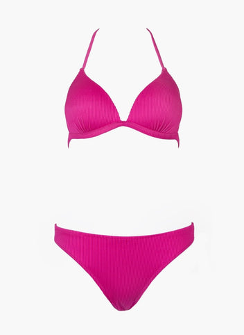 Fuchsia triangle bikini top with thin halter straps and fuchsia bikini bottom, laid flat on white background