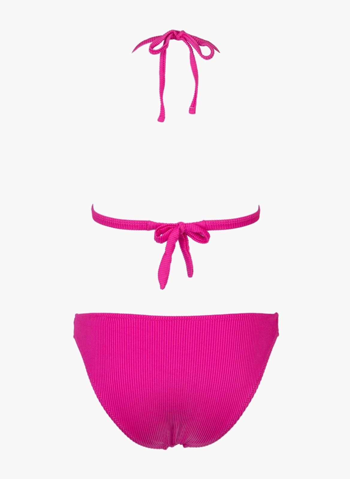 Fuchsia string bikini with tie straps and fuchsia bikini bottom, laid flat on white background