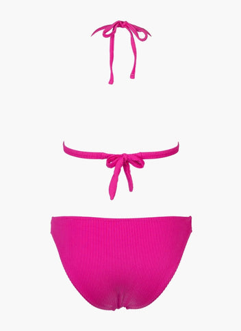 Fuchsia string bikini with tie straps and fuchsia bikini bottom, laid flat on white background