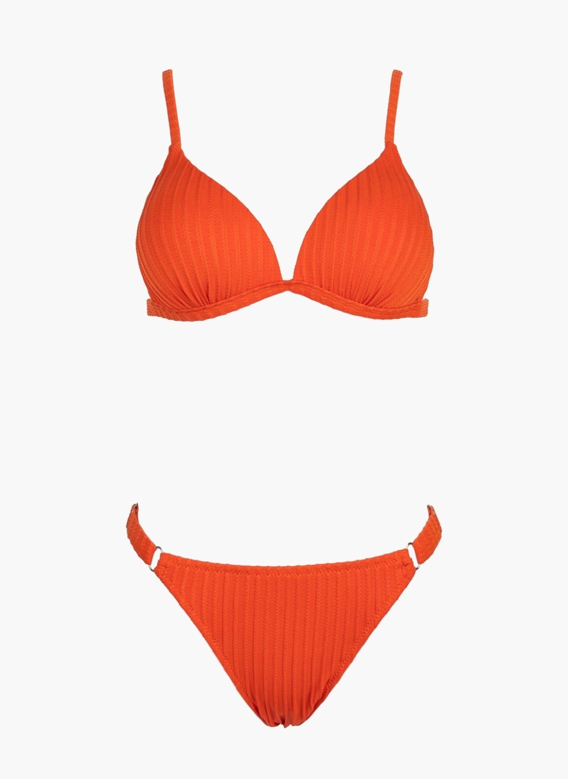 Orange-red triangle bikini top with thin straps and orange-red bikini bottom, laid flat on white background