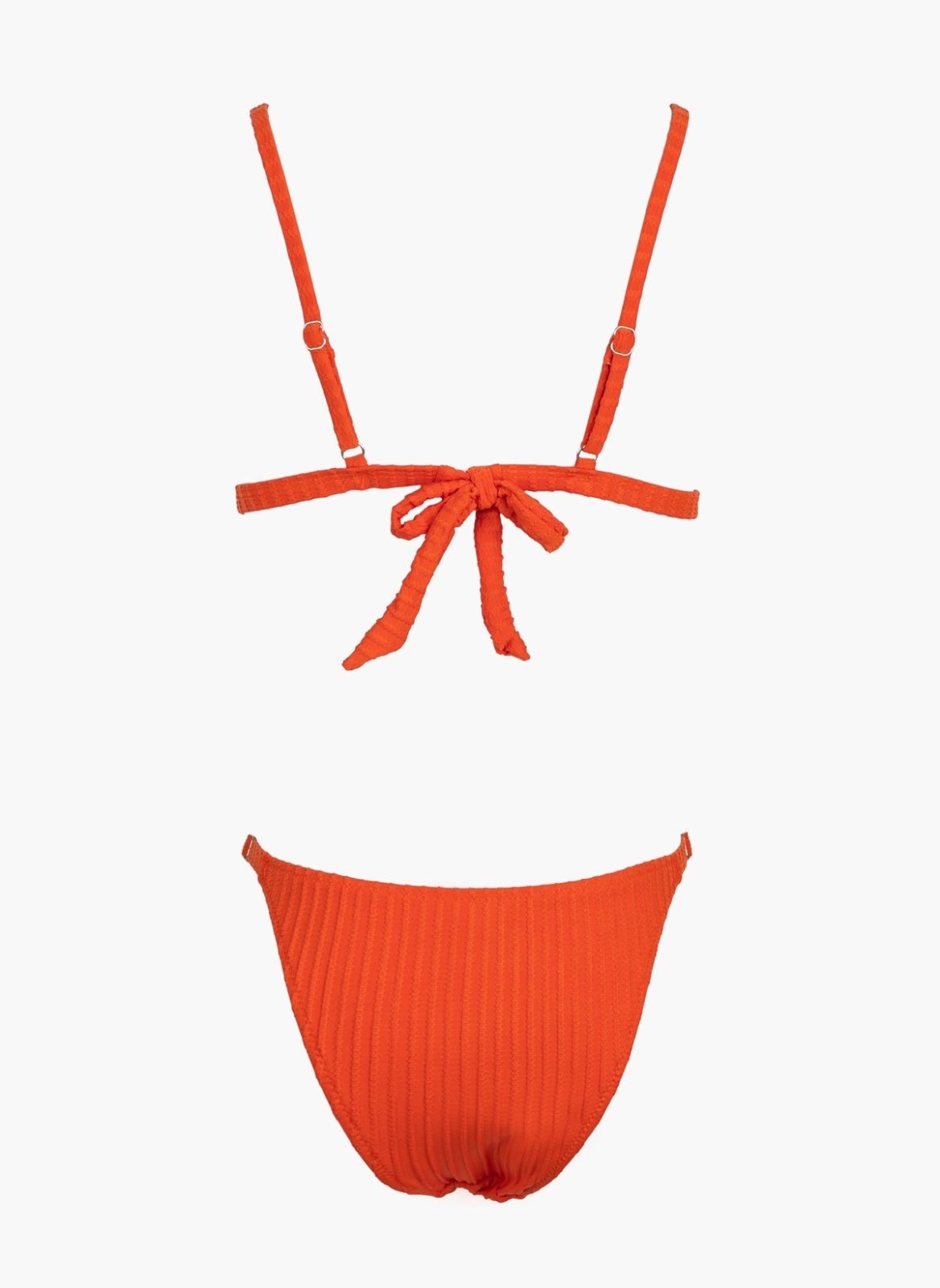 Orange-red ribbed string bikini top with tie straps and orange-red bikini bottom, laid flat on white background