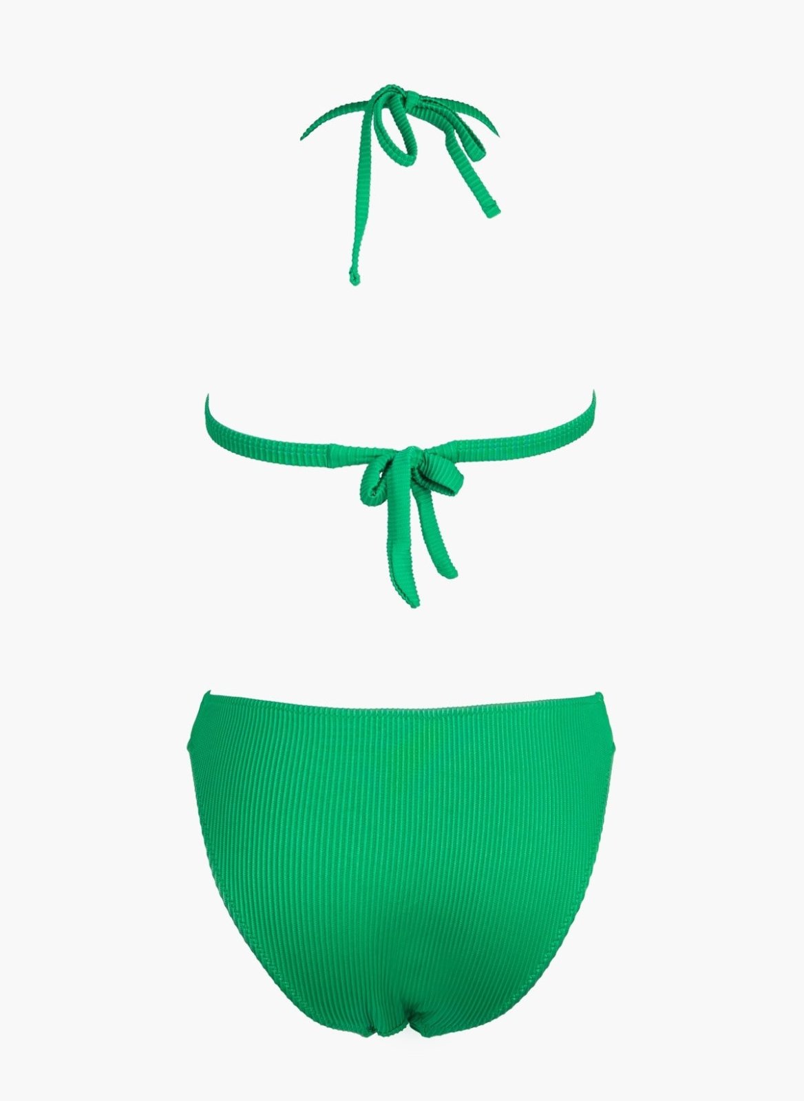 Green string bikini top with tie straps and green bikini bottom, laid flat on white background
