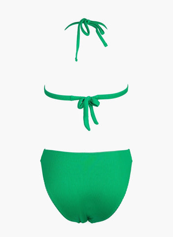 Green string bikini top with tie straps and green bikini bottom, laid flat on white background