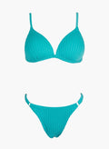 Turquoise ribbed triangle bikini top and turquoise bikini bottom, laid flat on white background