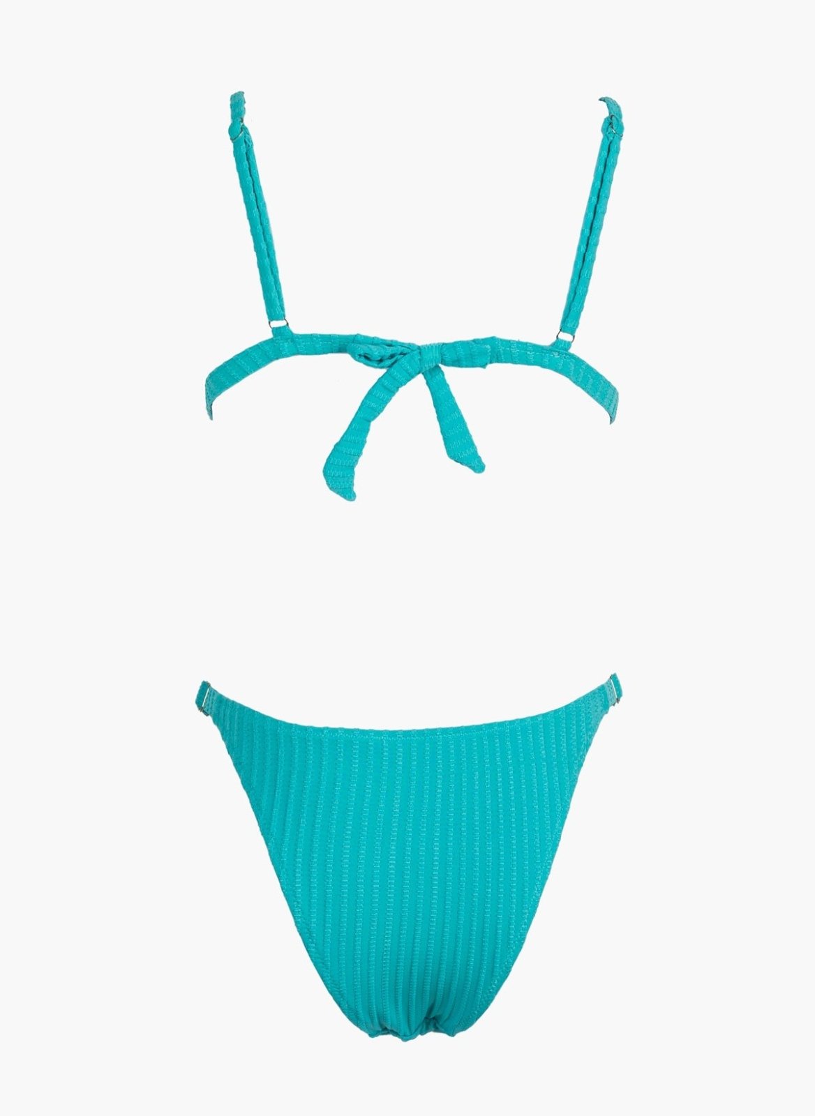 Turquoise ribbed string bikini top with tie back and turquoise bikini bottom, laid flat on white background