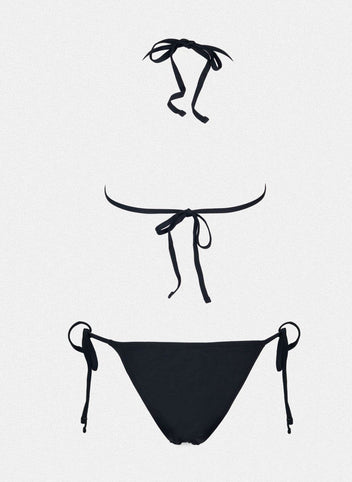 Black string bikini top with tie back and black side-tie bikini bottom, laid flat on a white background