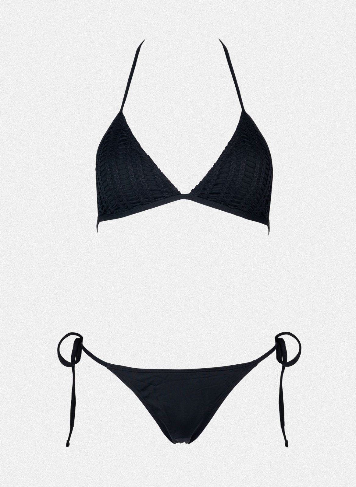 Black triangle bikini top with thin straps and black side-tie bikini bottom, laid flat on a white background
