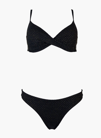Black underwire bikini top and black bikini bottom, laid flat on white background