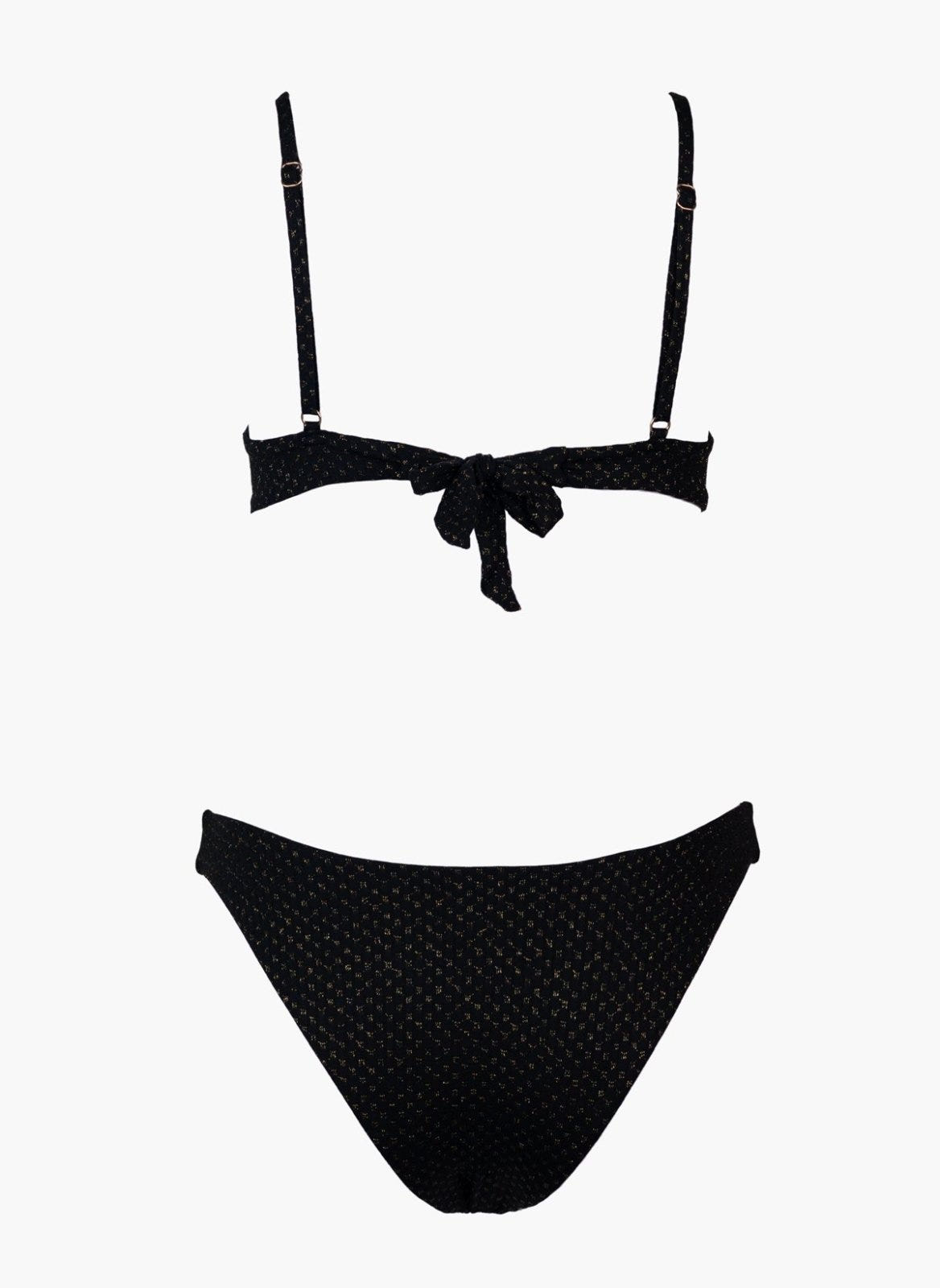 Black underwire bikini top with tie front and black bikini bottom, laid flat on white background