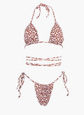 Brown leopard print triangle bikini top with halter tie and strap detail, laid flat on white background