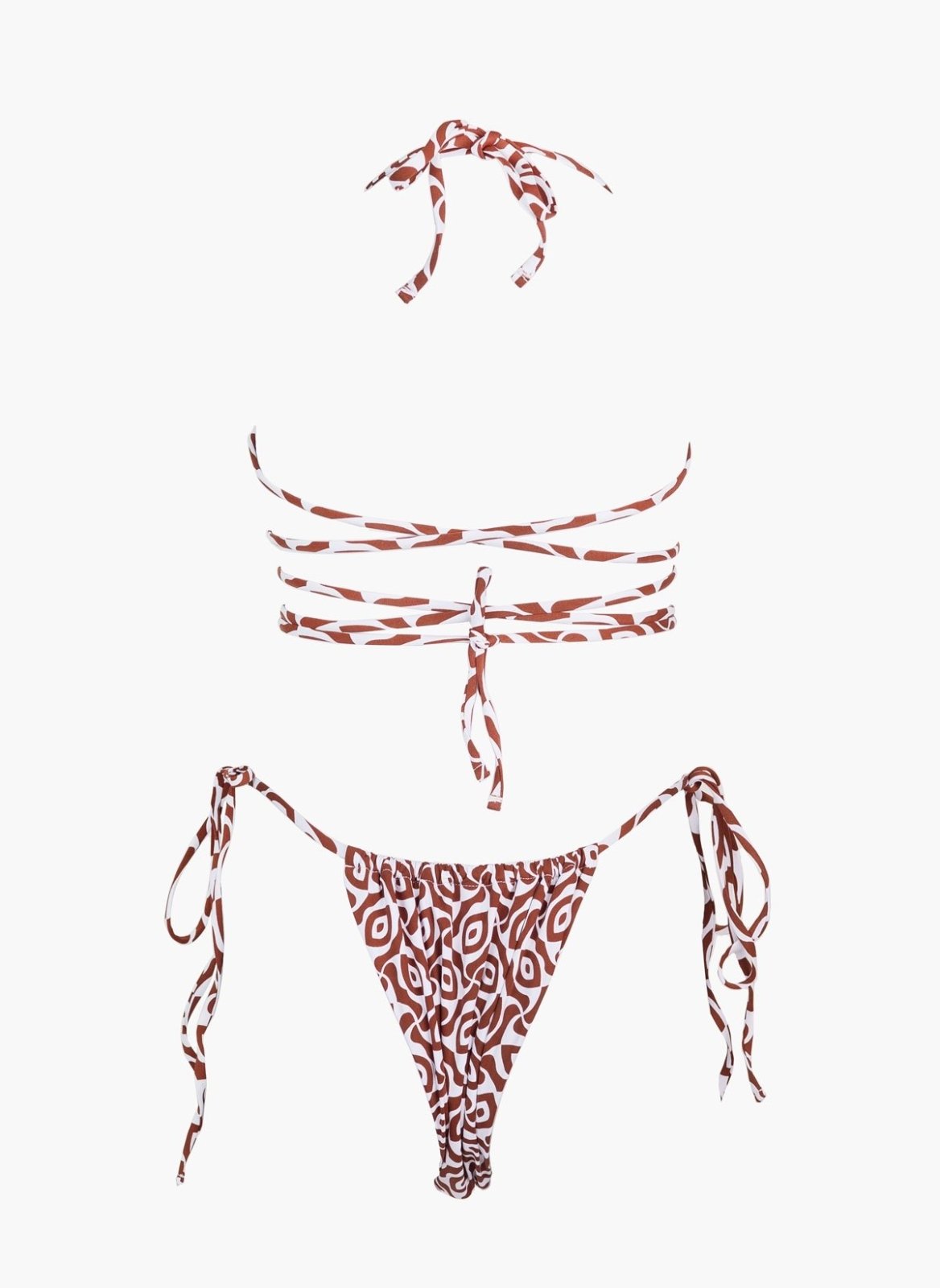 Brown leopard print triangle bikini top with halter tie and laced strap detail, laid flat on white background