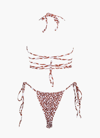 Brown leopard print triangle bikini top with halter tie and laced strap detail, laid flat on white background