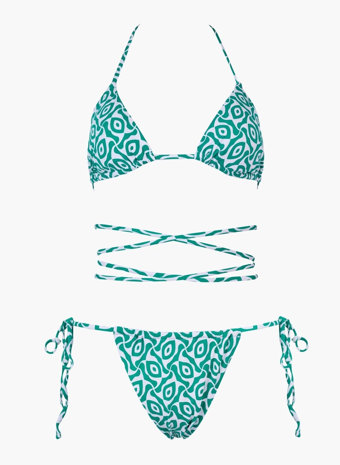 Teal printed triangle bikini top with lace-up strap detail and teal side-tie bikini bottom, laid flat on white background