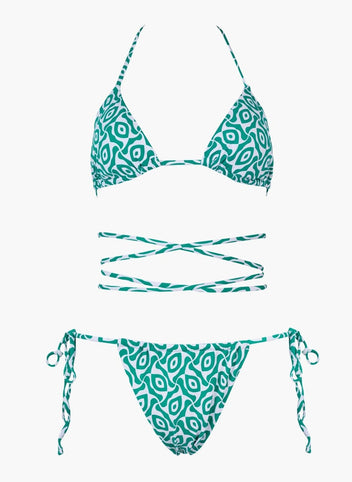 Teal printed triangle bikini top with lace-up strap detail and teal side-tie bikini bottom, laid flat on white background