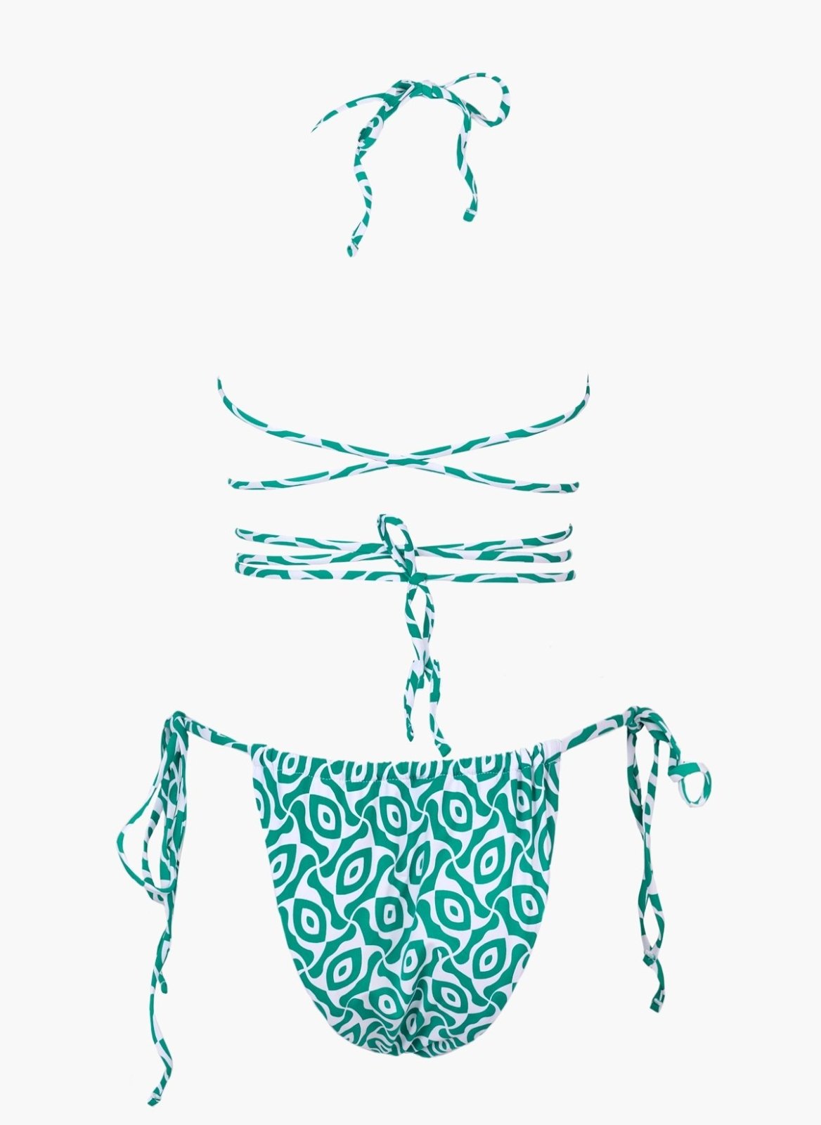 Teal printed string bikini top with lace-up strap detail and teal side-tie bikini bottom, laid flat on white background