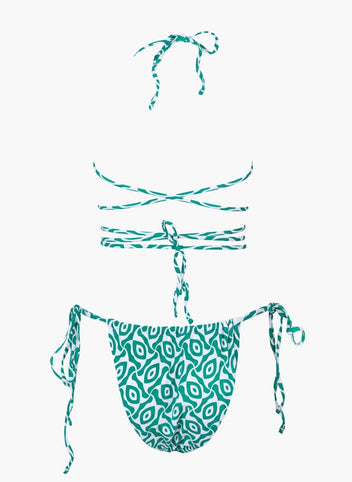 Teal printed string bikini top with lace-up strap detail and teal side-tie bikini bottom, laid flat on white background