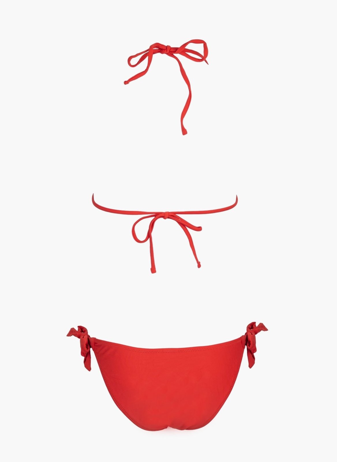 Red string bikini top with tie straps and red side-tie bikini bottom, laid flat on white background