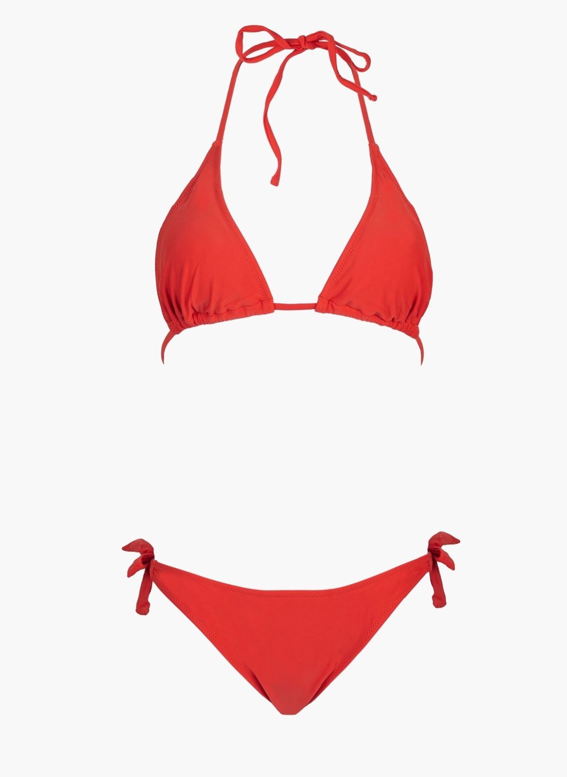Red triangle halter bikini top and red side-tie bikini bottom, laid flat on white background