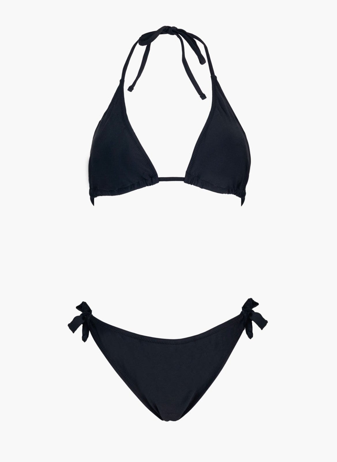 Black triangle halter bikini top and black side-tie bikini bottom, laid flat on white background
