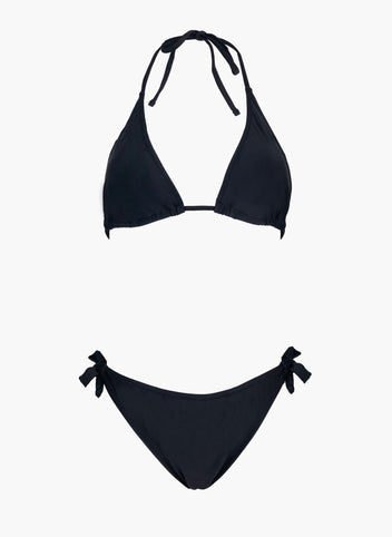 Black triangle halter bikini top and black side-tie bikini bottom, laid flat on white background