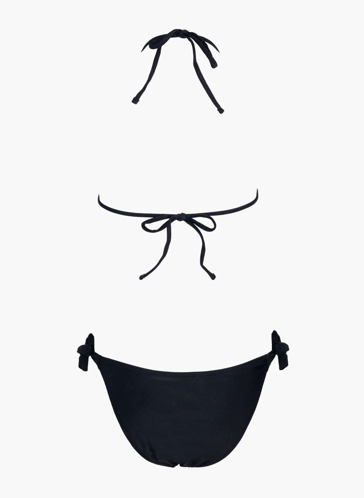 Black string bikini top with tie straps and black side-tie bikini bottom, laid flat on white background