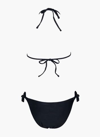 Black string bikini top with tie straps and black side-tie bikini bottom, laid flat on white background