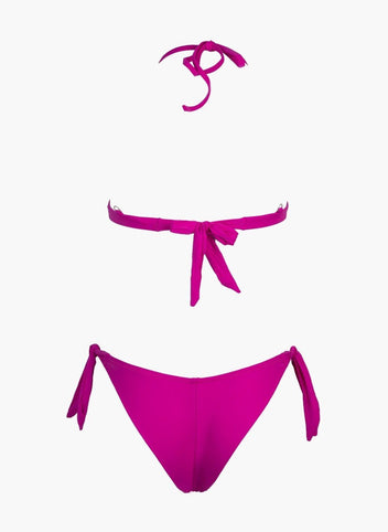 Fuchsia string bikini top with tie back and fuchsia side-tie bikini bottom, laid flat on white background